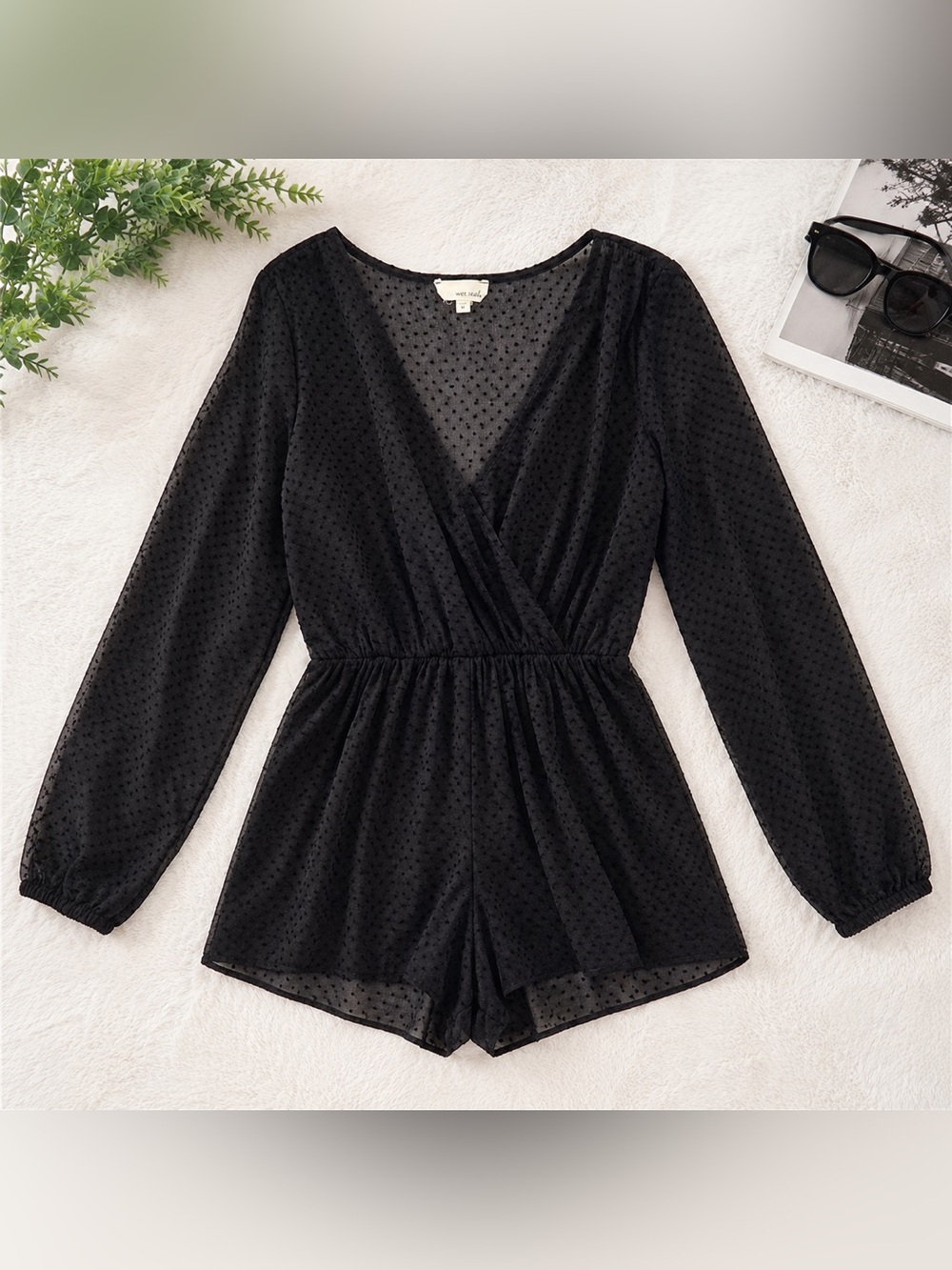 Wet Seal Y2K Black Polka Dot Wrap Romper Long Sleeve Size M